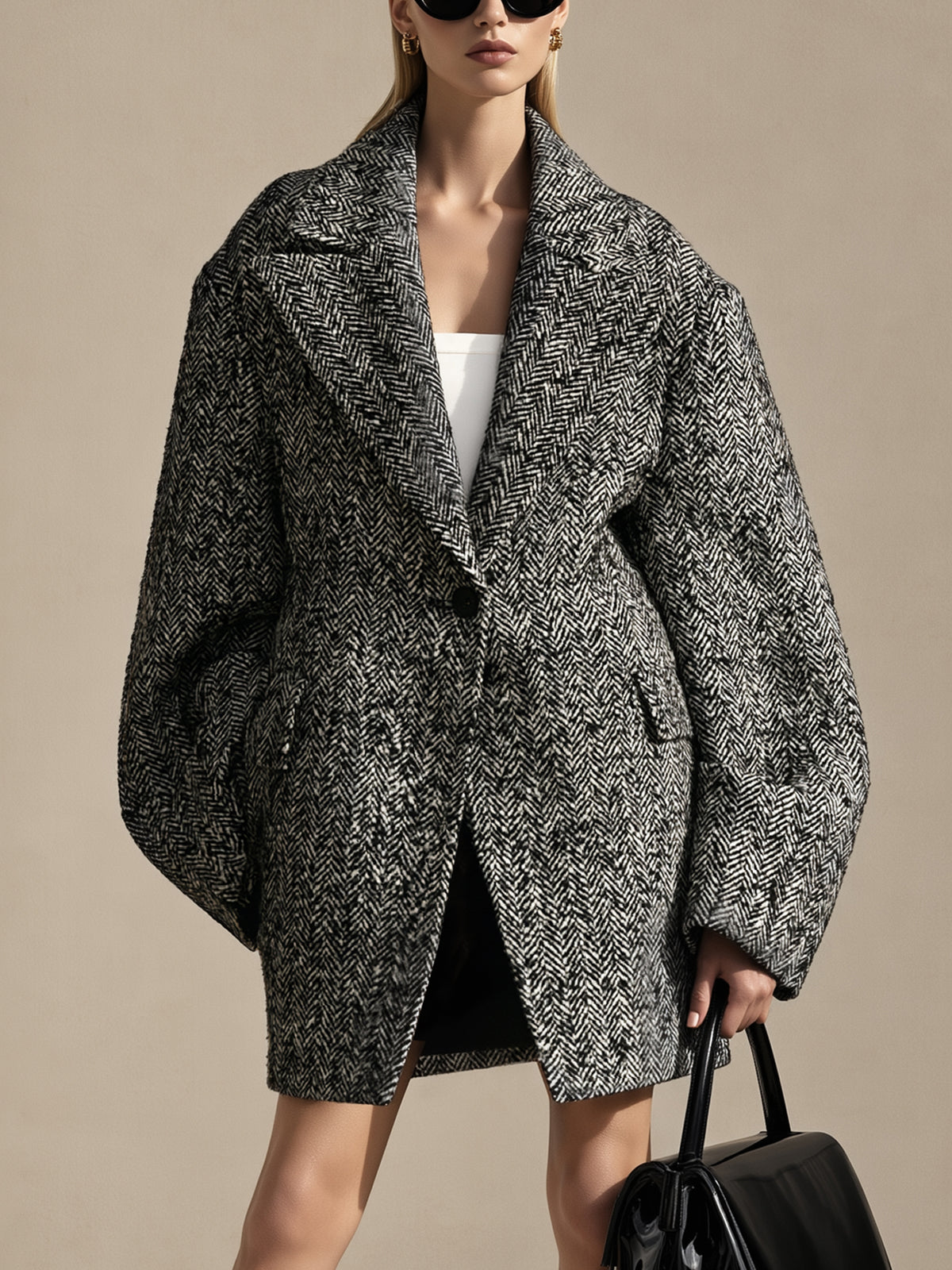 Herringbone Wool Blend Oversized Coat Outerwear