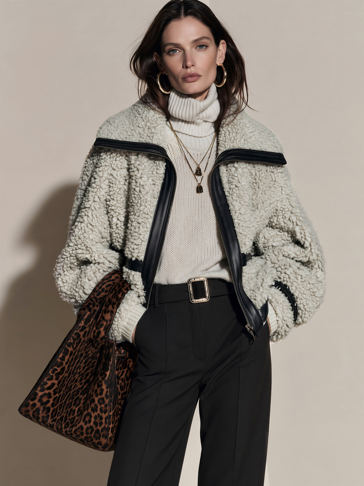 Cropped Teddy Fleece Zip Black Faux Leather Trim Jacket Coat