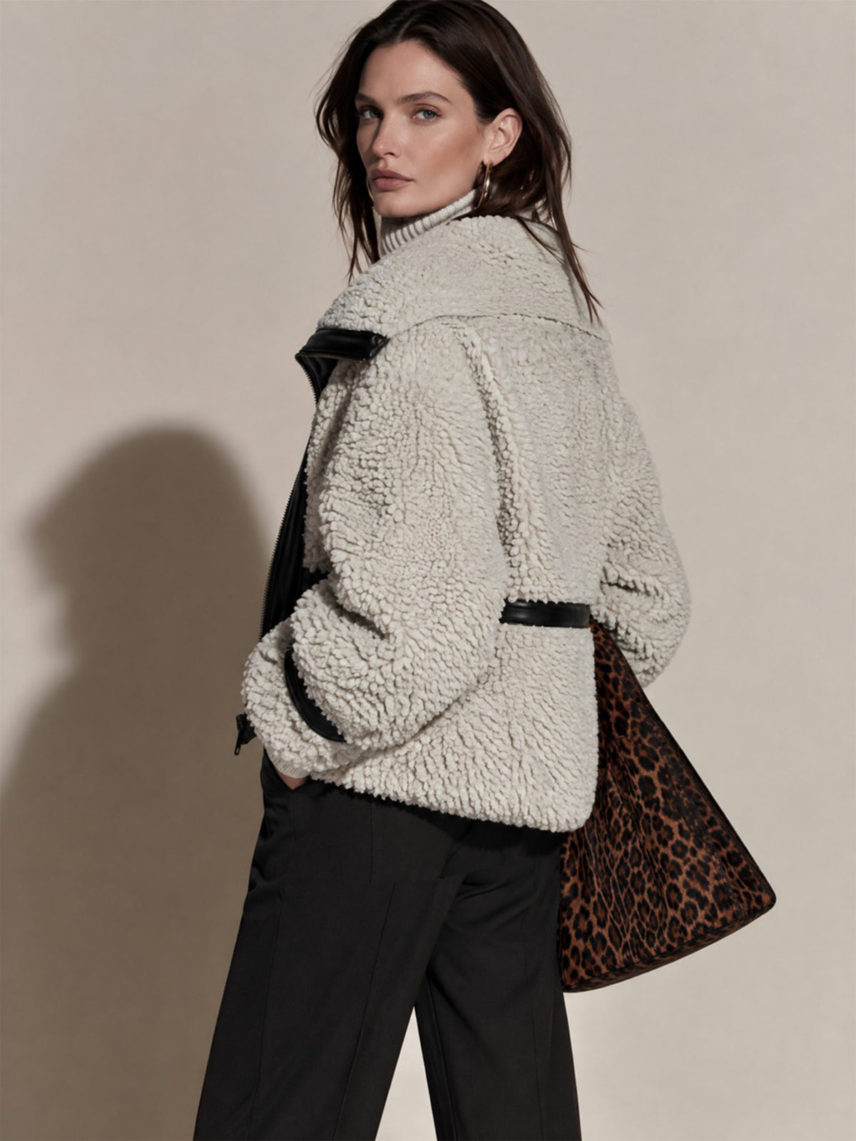 Cropped Teddy Fleece Zip Black Faux Leather Trim Jacket Coat