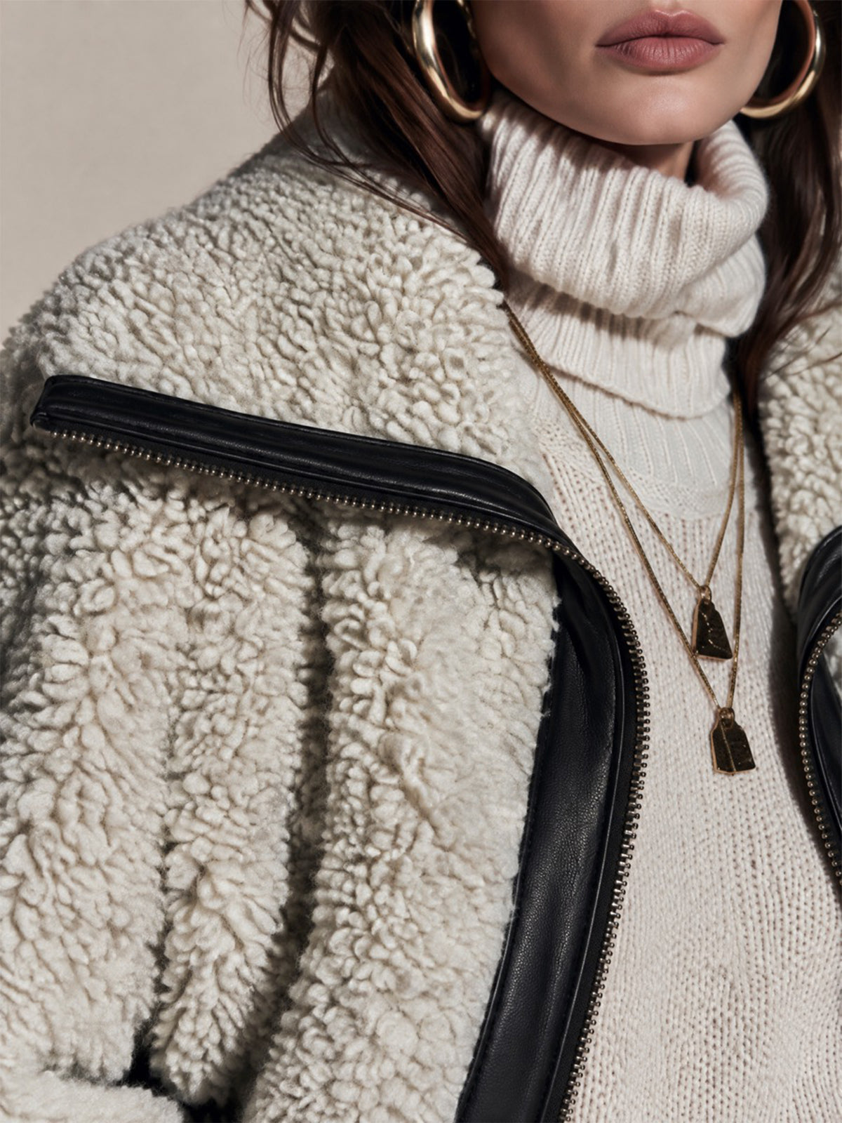 Cropped Teddy Fleece Zip Black Faux Leather Trim Jacket Coat
