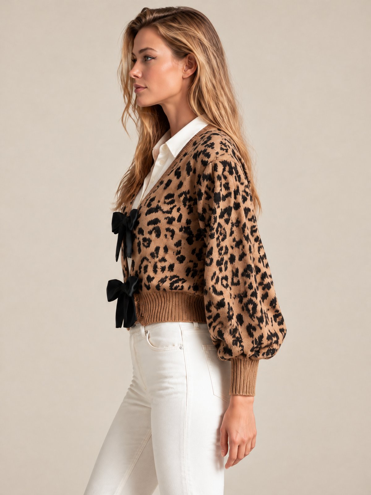 Leopard Print Knit Cardigan With Black Satin Bow Ties