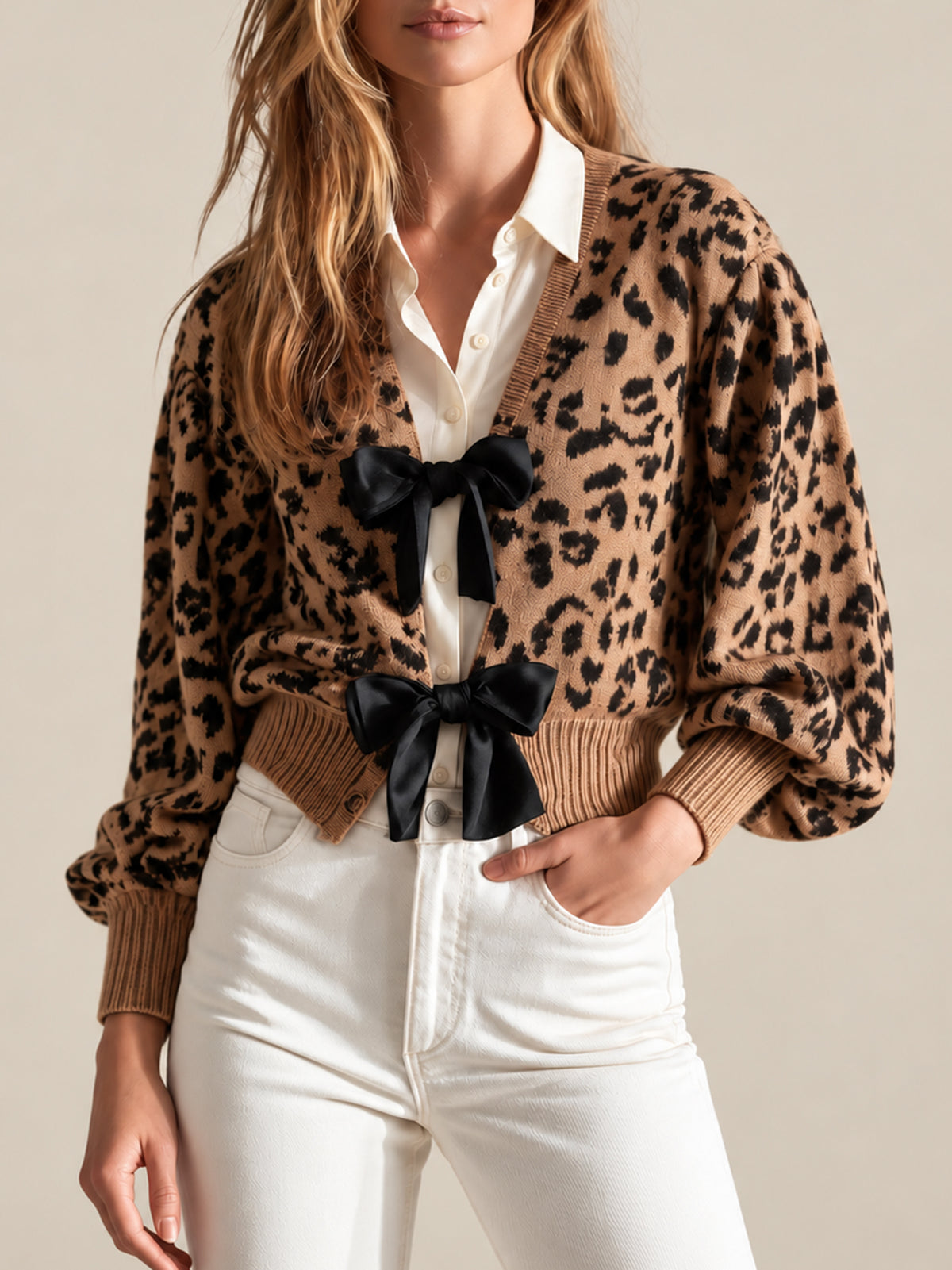 Leopard Print Knit Cardigan With Black Satin Bow Ties