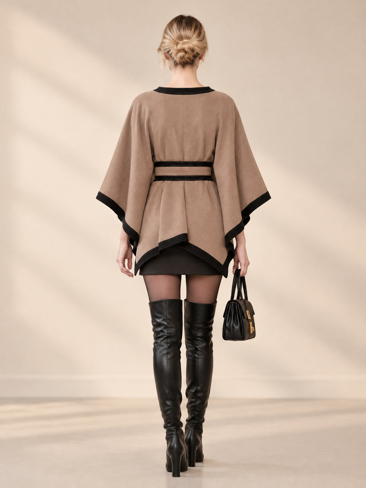 Camel Contrast Trim Wrap Cape Poncho With Double Ring Belt