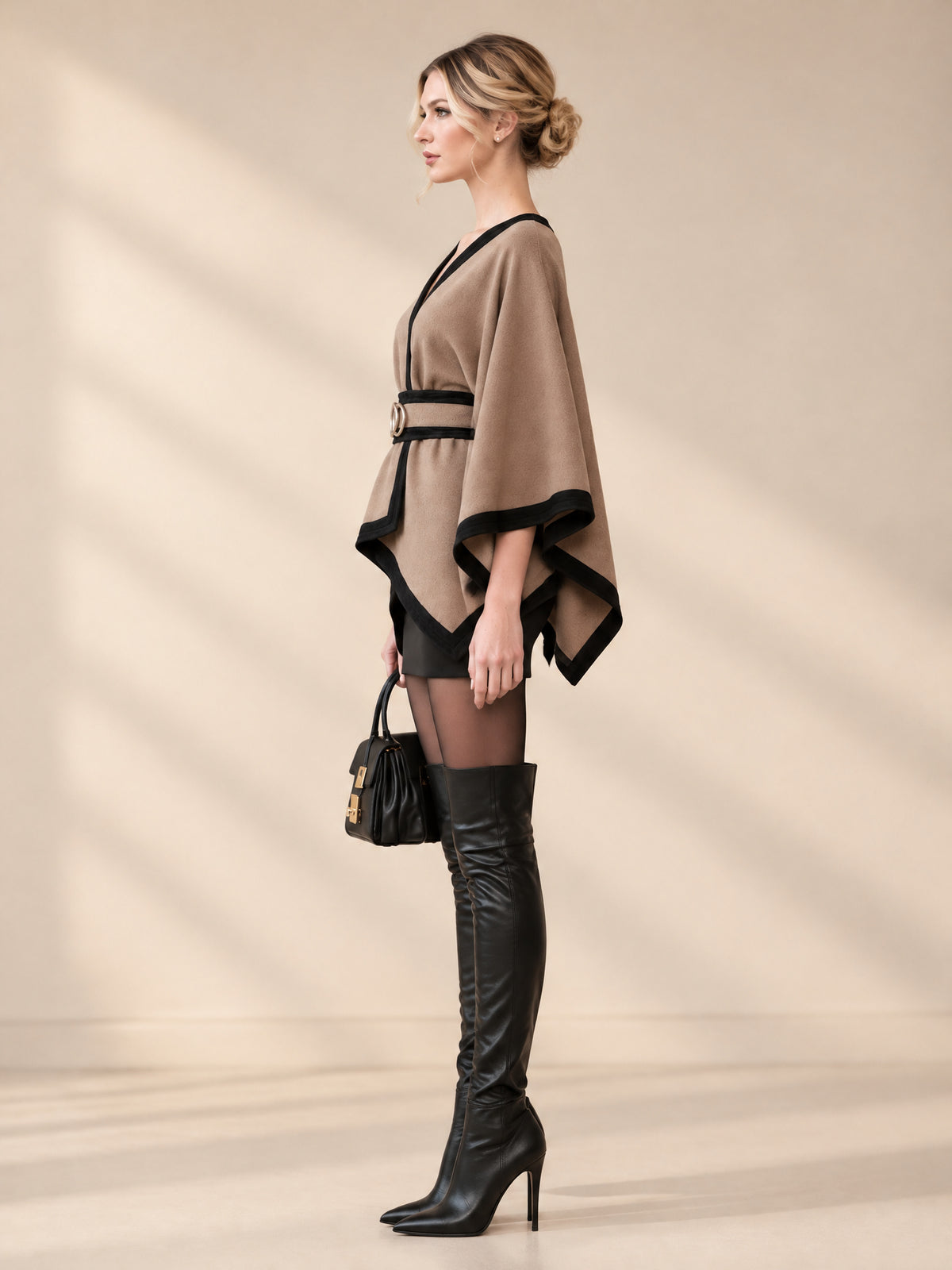 Camel Contrast Trim Wrap Cape Poncho With Double Ring Belt