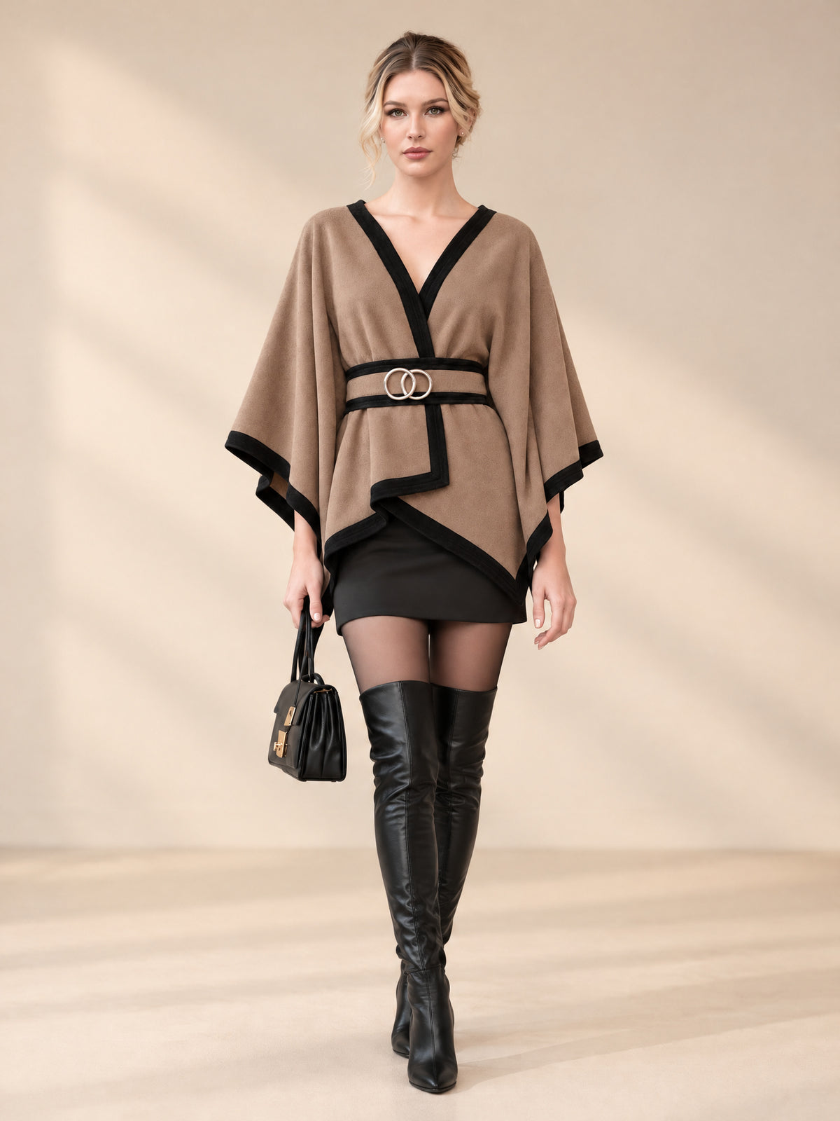 Camel Contrast Trim Wrap Cape Poncho With Double Ring Belt
