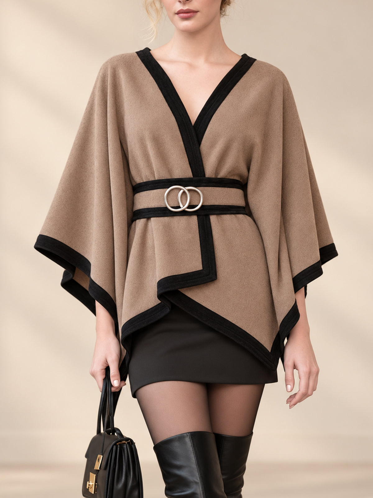 Camel Contrast Trim Wrap Cape Poncho With Double Ring Belt