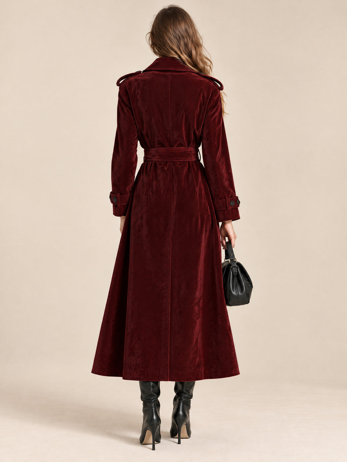 Burgundy Velvet Double-Breasted Belted Trench Coat