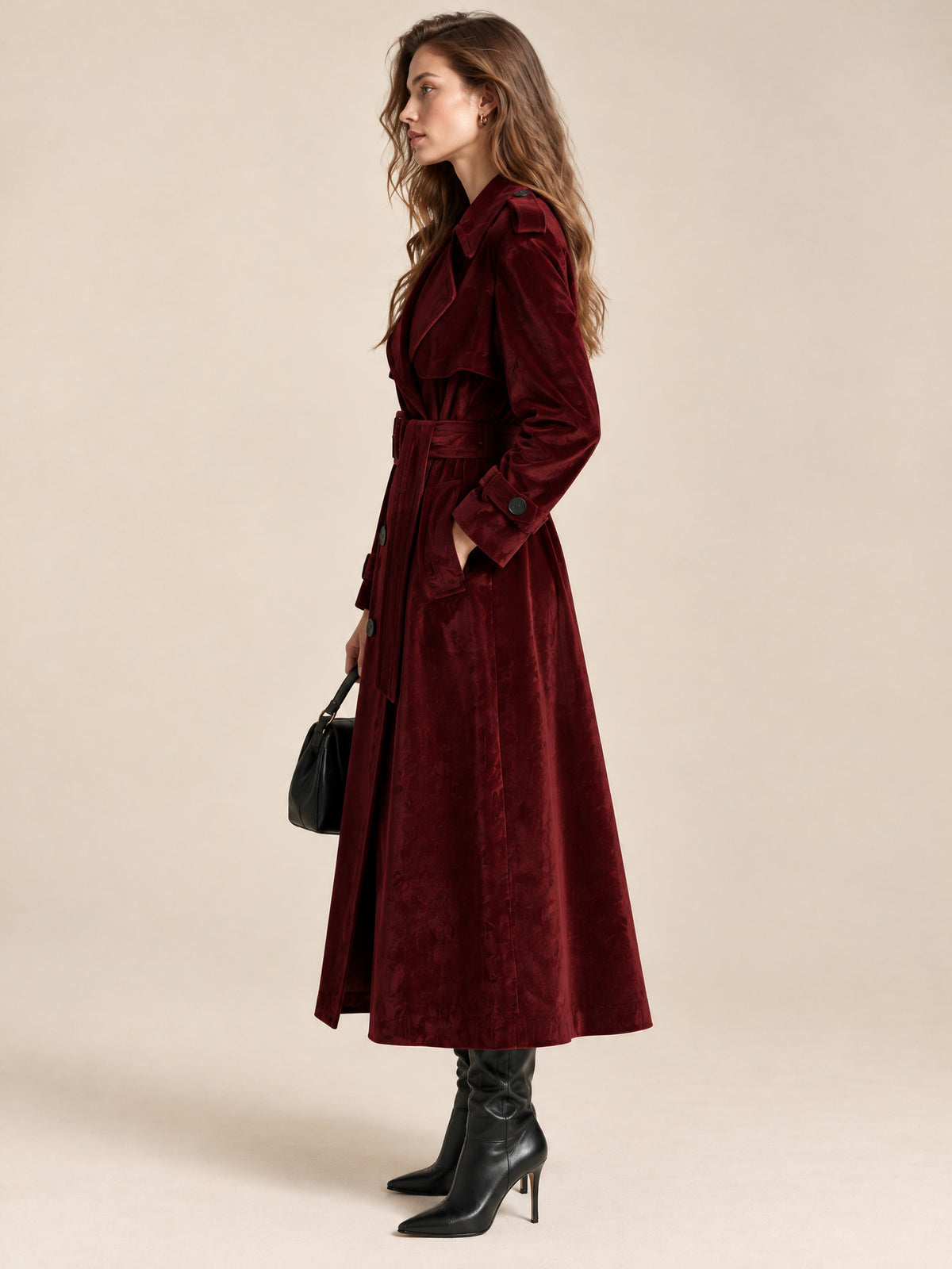 Burgundy Velvet Double-Breasted Belted Trench Coat