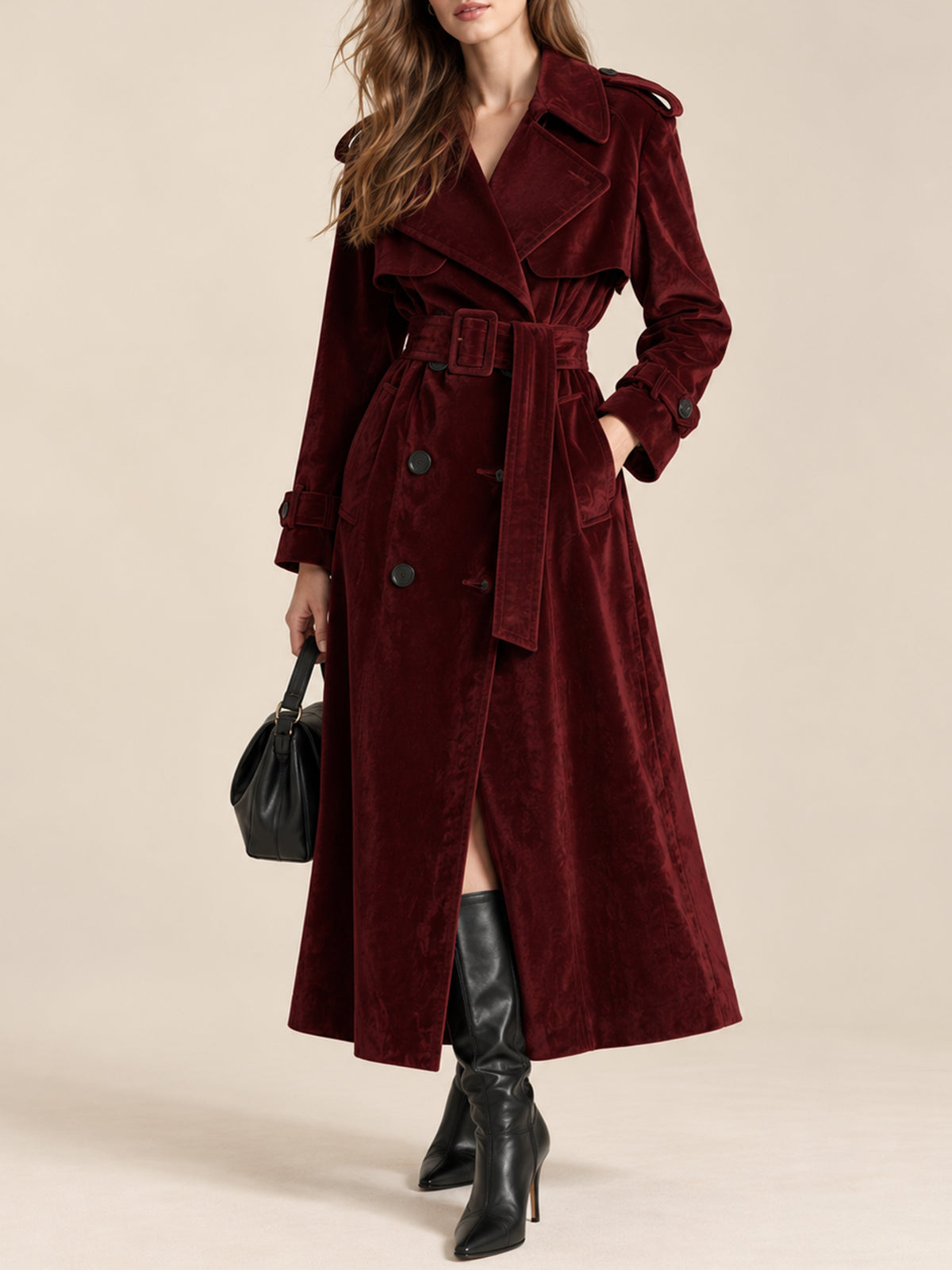 Burgundy Velvet Double-Breasted Belted Trench Coat