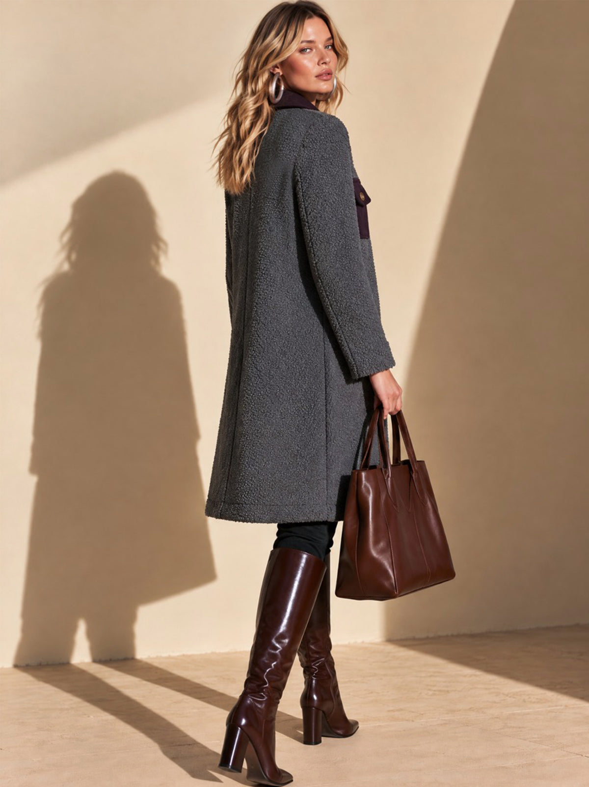 Charcoal Teddy Fleece Plum Contrast Trim Mid-Length Coat