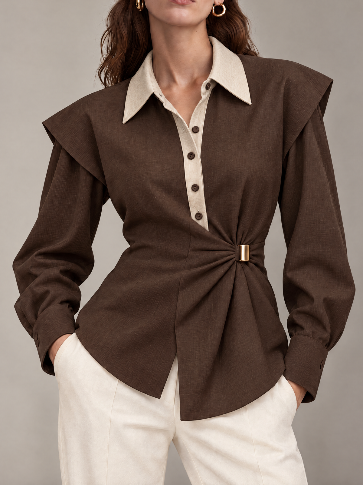 Brown And Ivory Contrast Collar Cinched-Waist Cotton Shirt