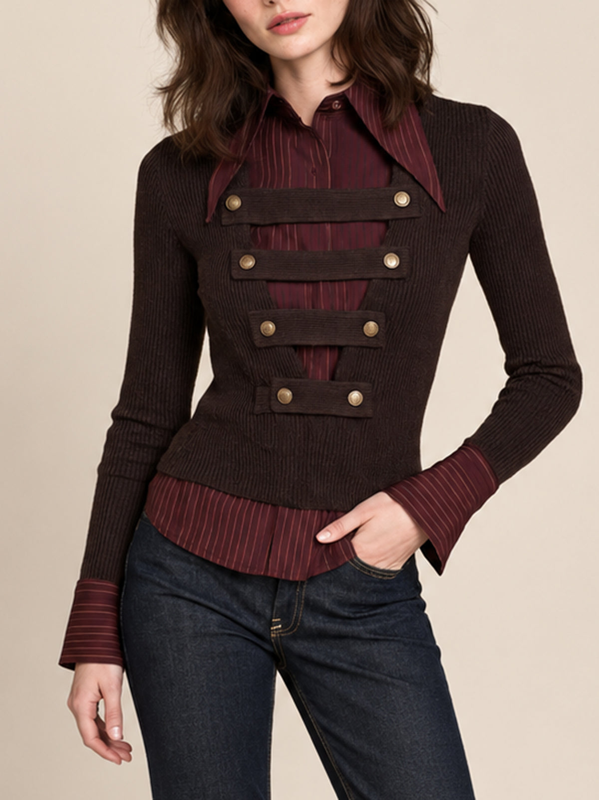 Brown Ribbed Knit Military Top With Mock Two-Piece Striped Shirt Layer