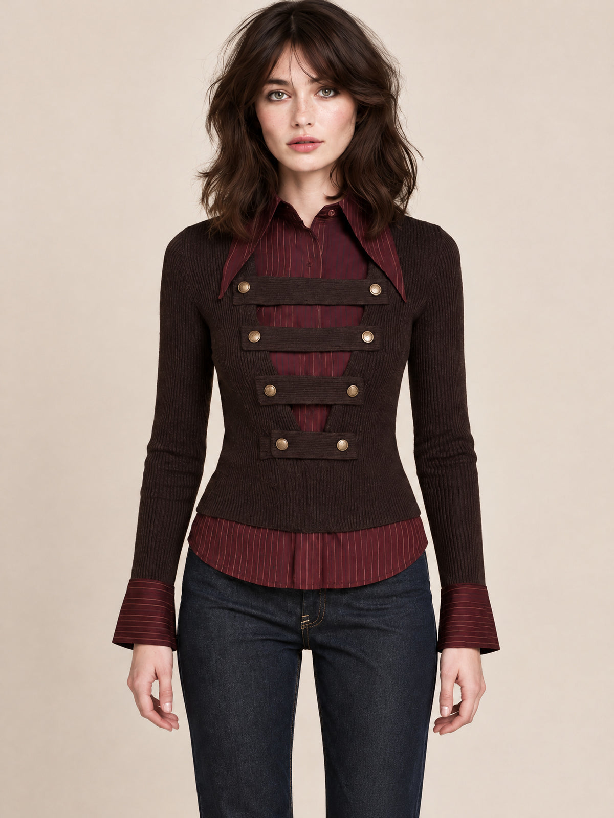 Brown Ribbed Knit Military Top With Mock Two-Piece Striped Shirt Layer