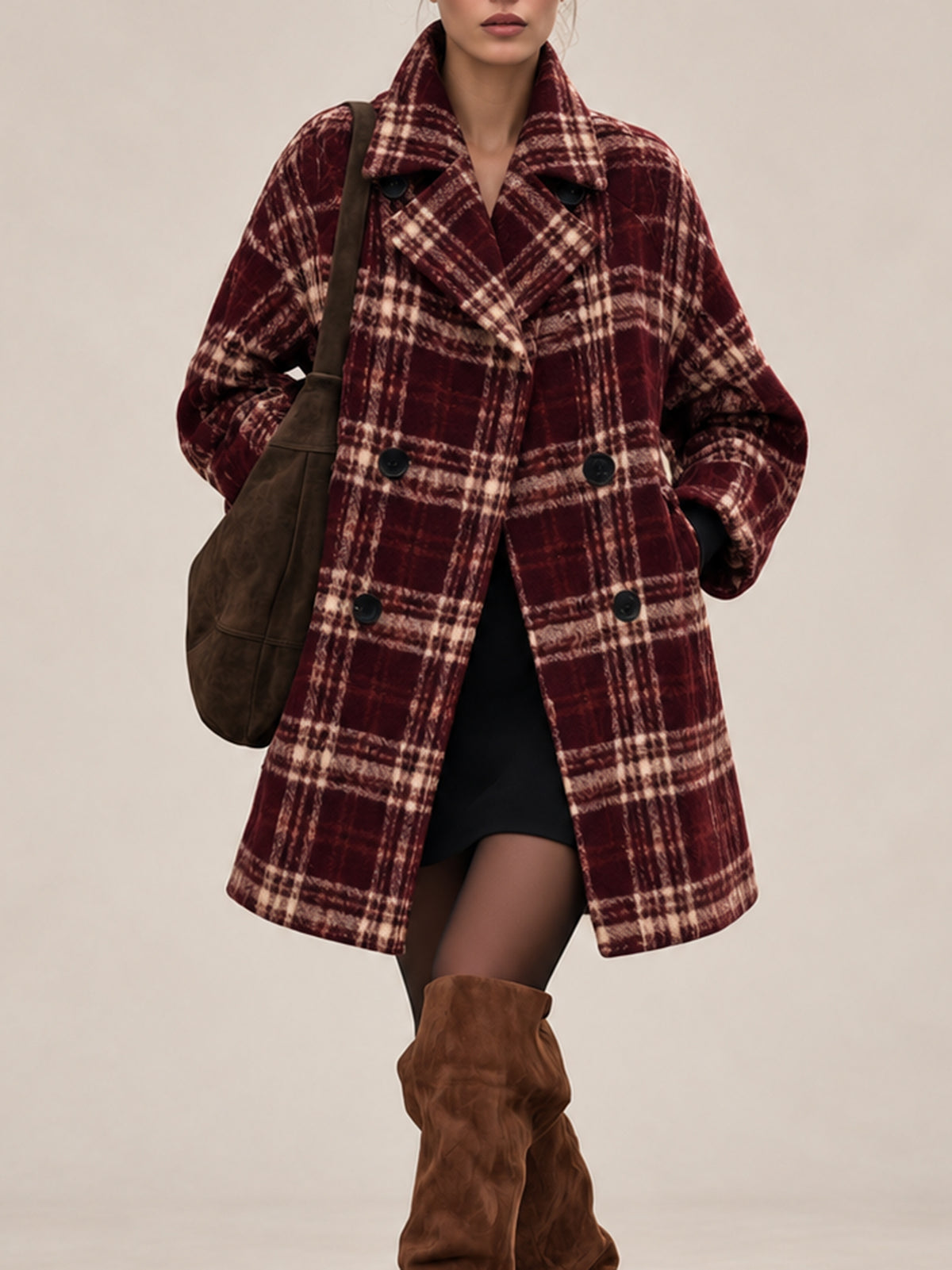 Burgundy Plaid Oversized Double-Breasted Wool-Blend Coat