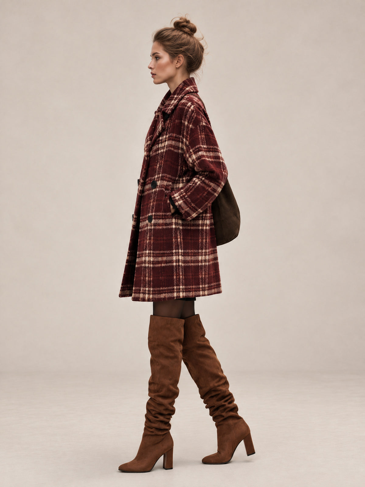 Burgundy Plaid Oversized Double-Breasted Wool-Blend Coat