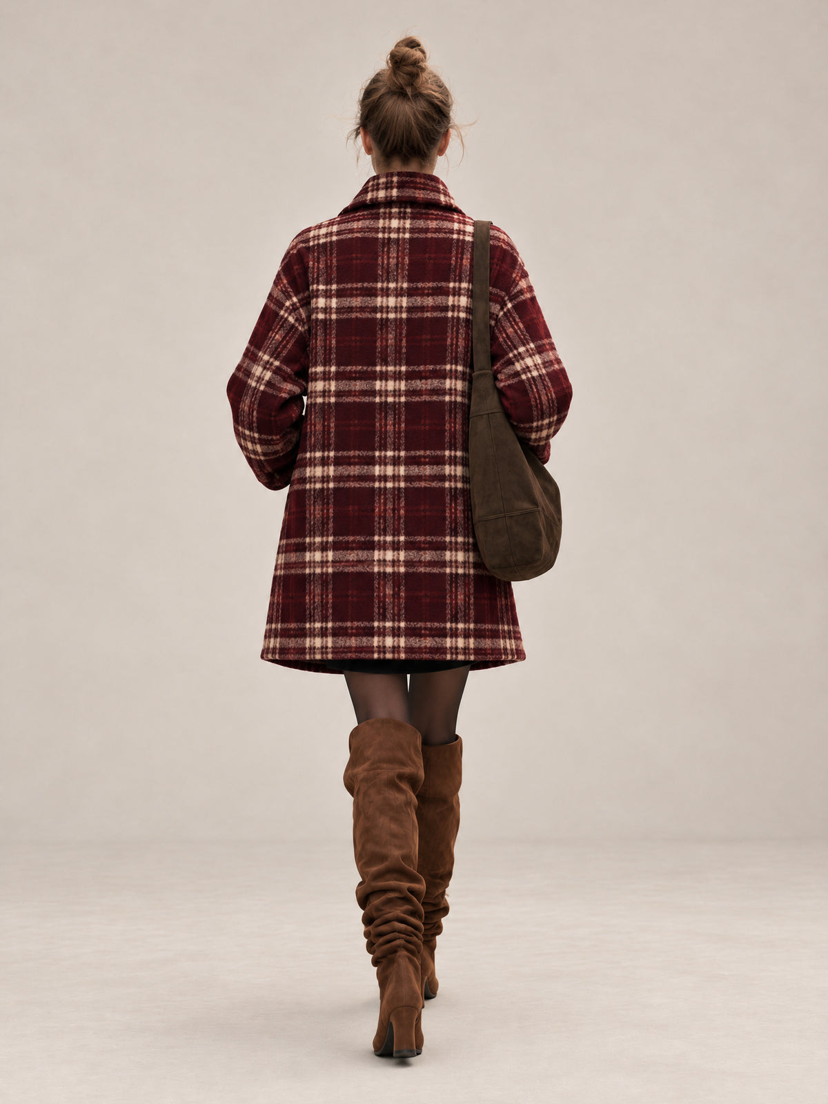 Burgundy Plaid Oversized Double-Breasted Wool-Blend Coat
