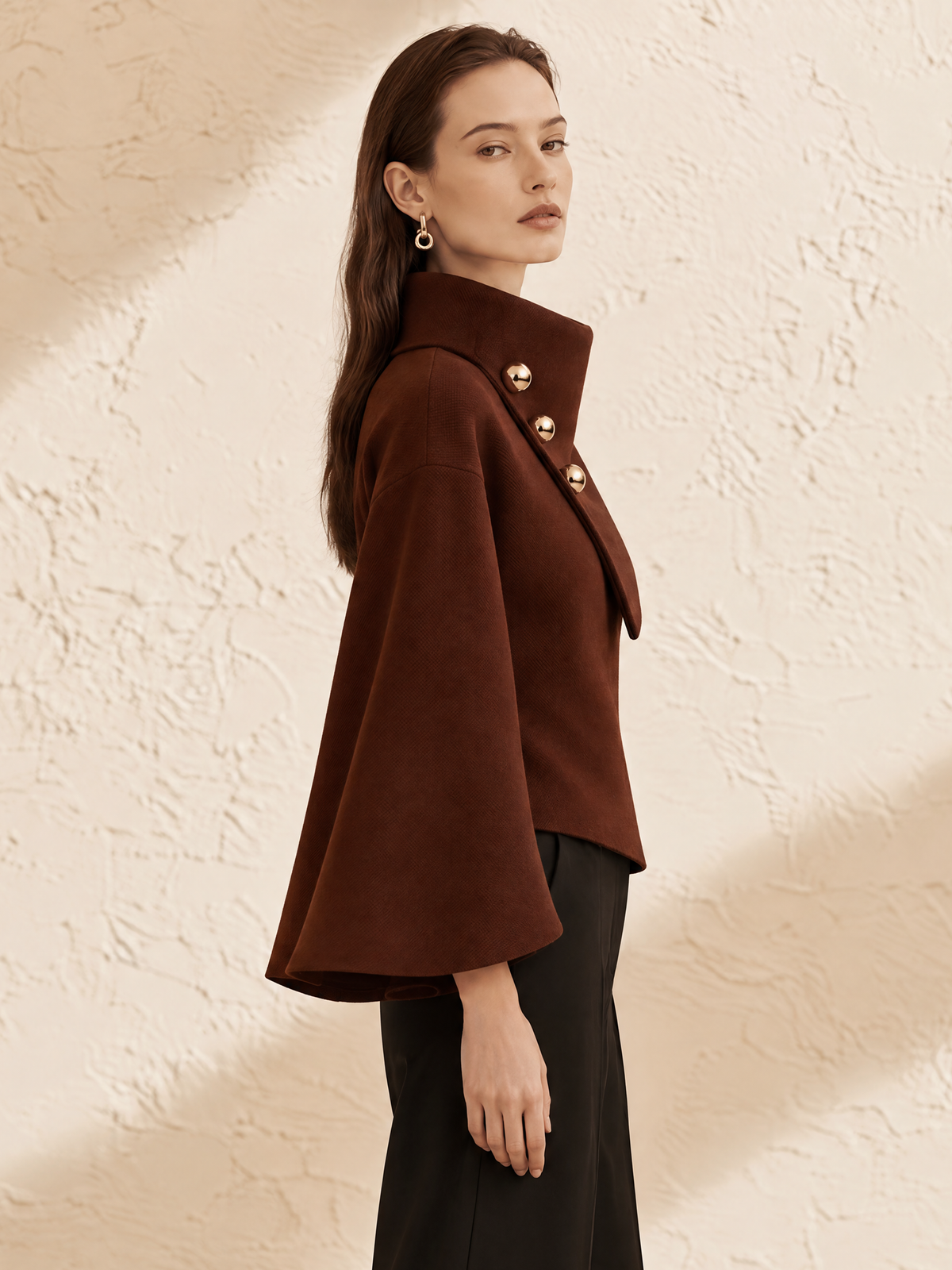 Burgundy Oversized Lapel Bell-Sleeve Wool Jacket