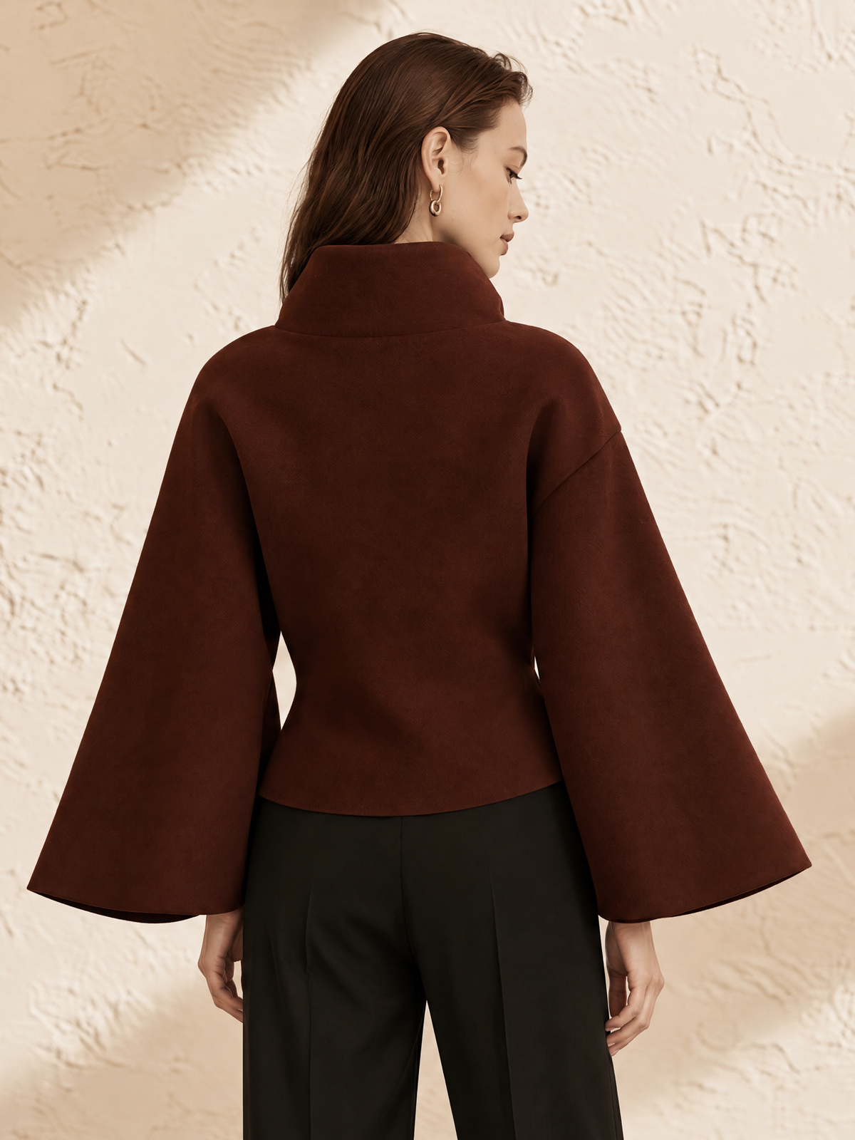 Burgundy Oversized Lapel Bell-Sleeve Wool Jacket