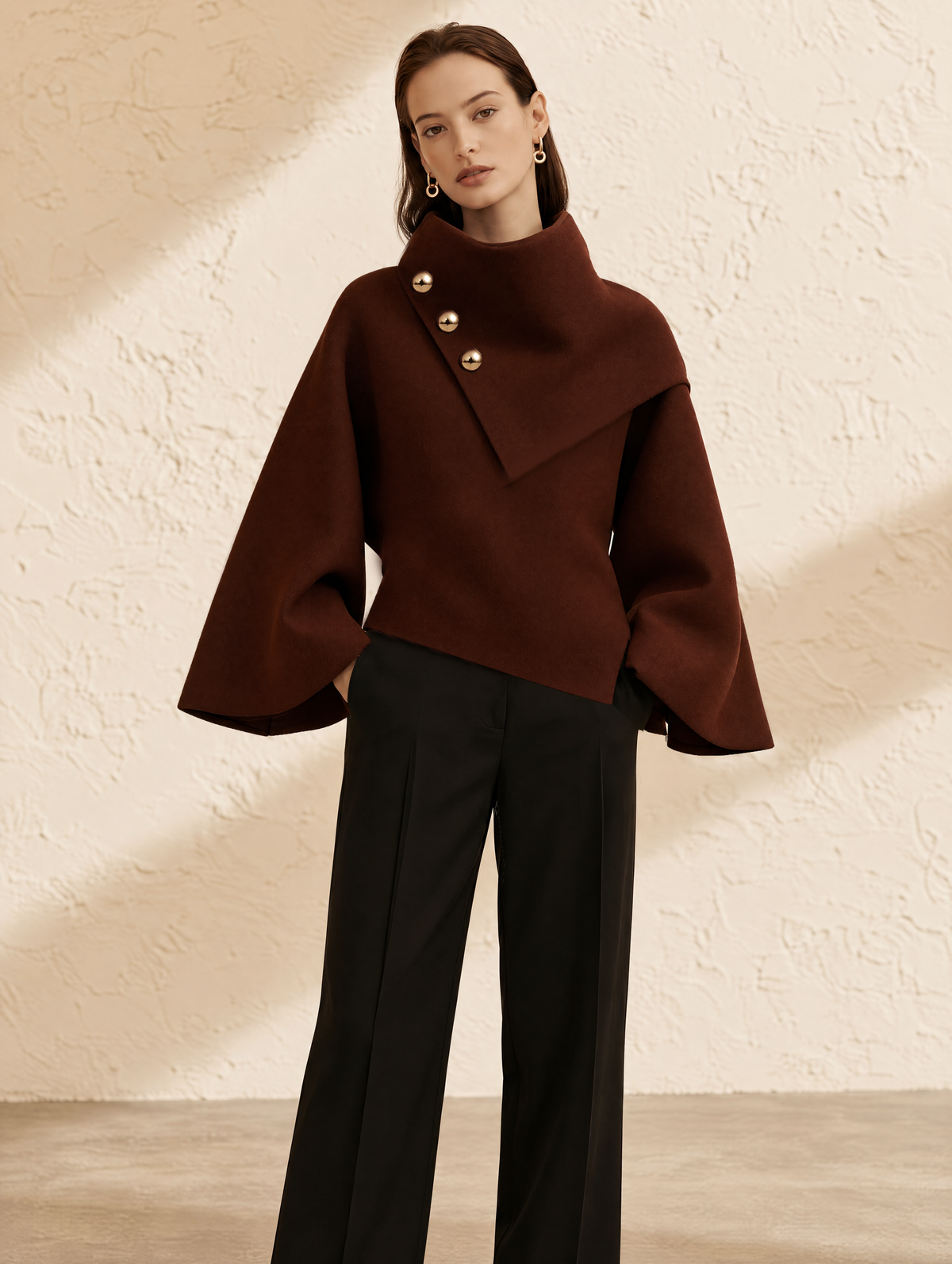Burgundy Oversized Lapel Bell-Sleeve Wool Jacket