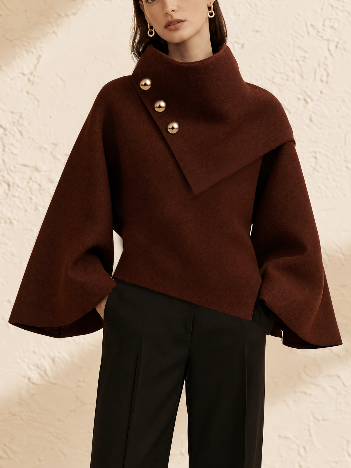 Burgundy Oversized Lapel Bell-Sleeve Wool Jacket
