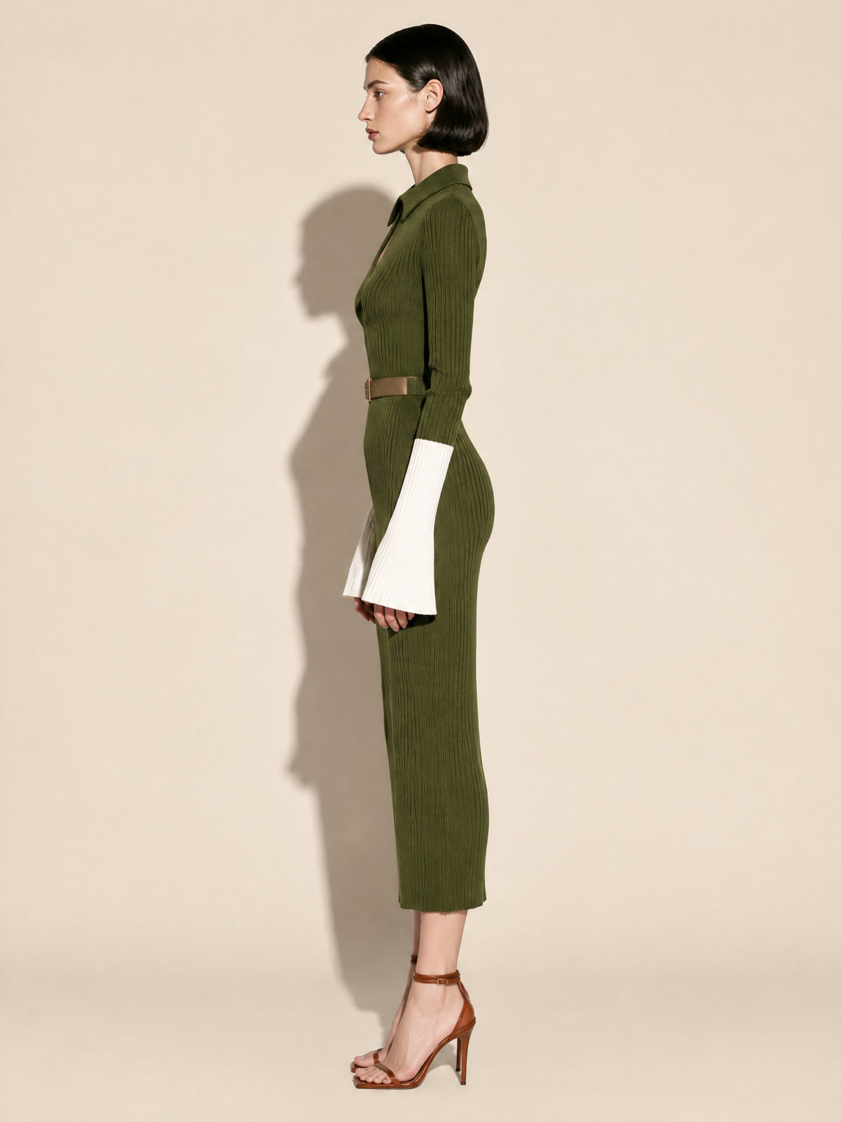 Olive Ribbed Knit Polo Midi Dress With Contrast Ivory Flared Cuffs