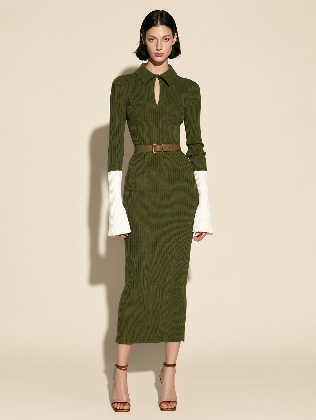 Olive Ribbed Knit Polo Midi Dress With Contrast Ivory Flared Cuffs
