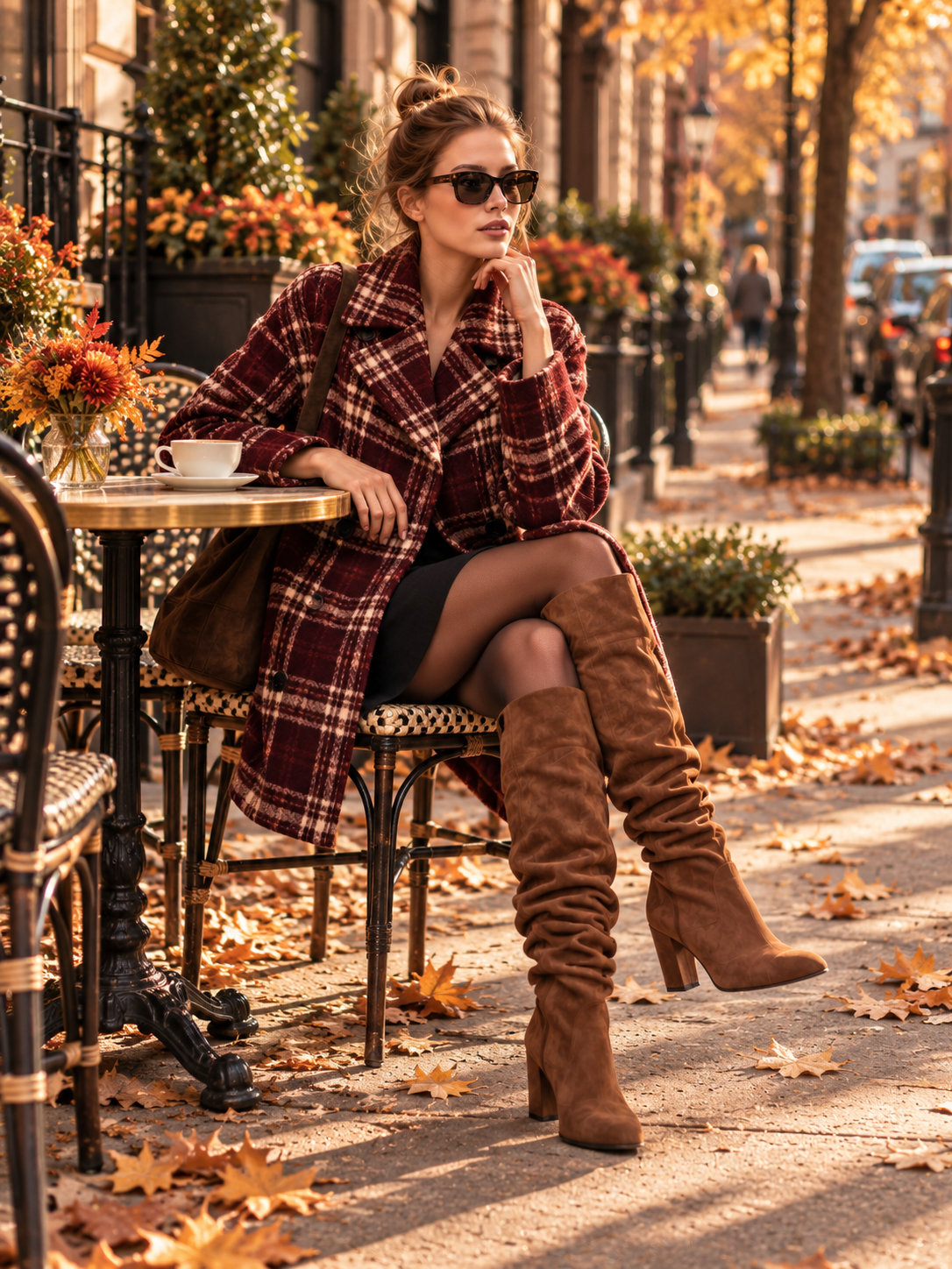 Burgundy Plaid Oversized Double-Breasted Wool-Blend Coat