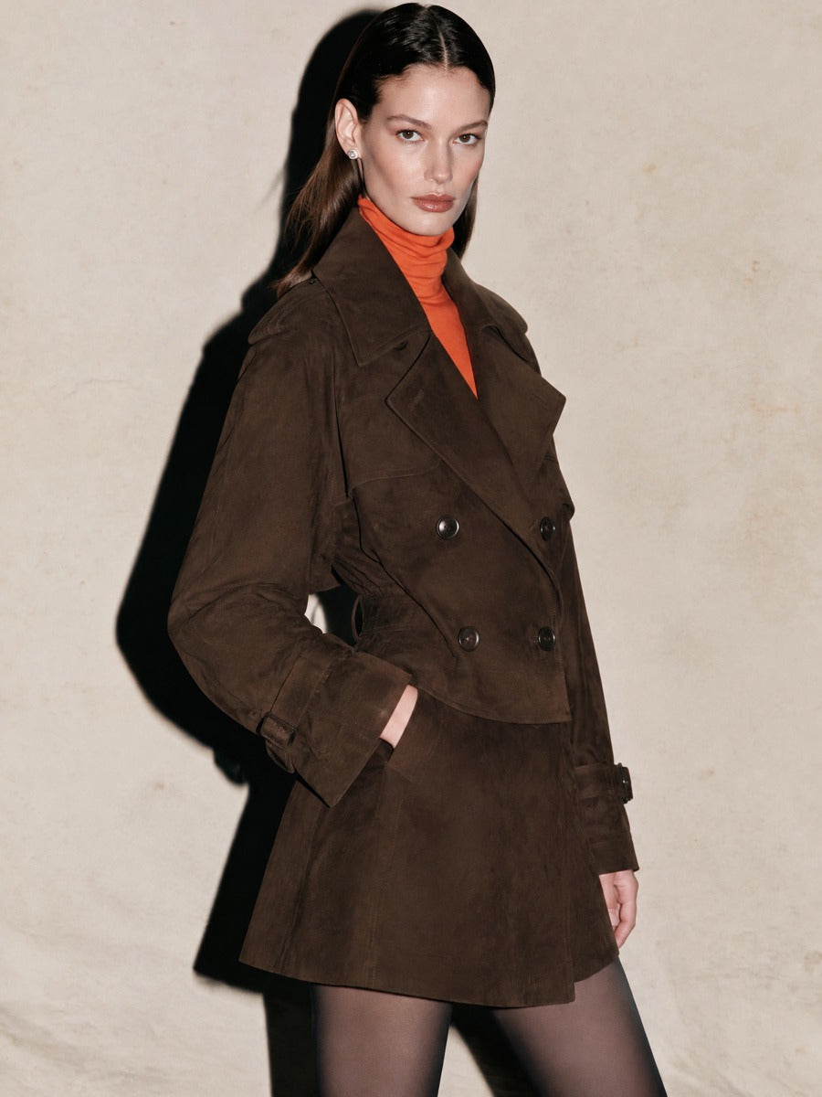 Dark Brown Suede Cropped Double Breasted Jacket