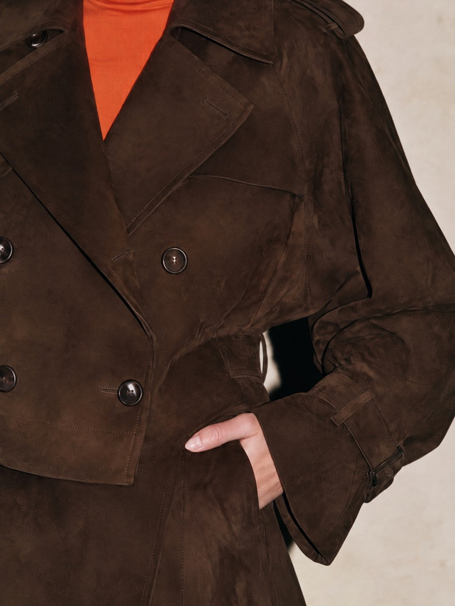 Dark Brown Suede Cropped Double Breasted Jacket