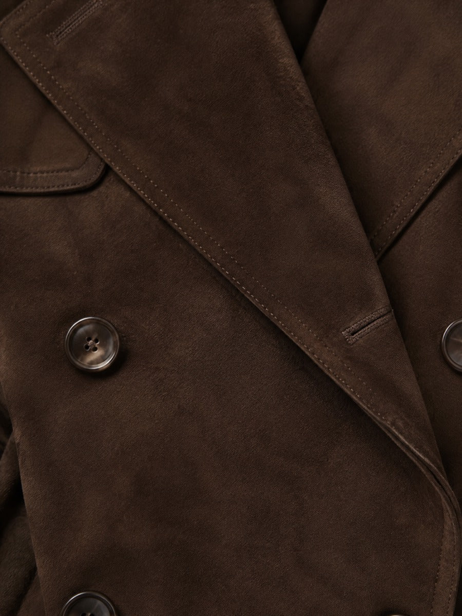 Dark Brown Suede Cropped Double Breasted Jacket