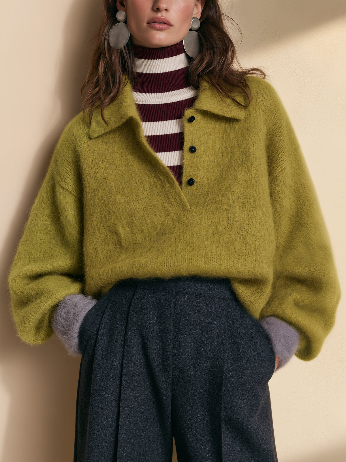 Cress Green Fuzzy Knit Polo Collar Half-Button Placket Sweater