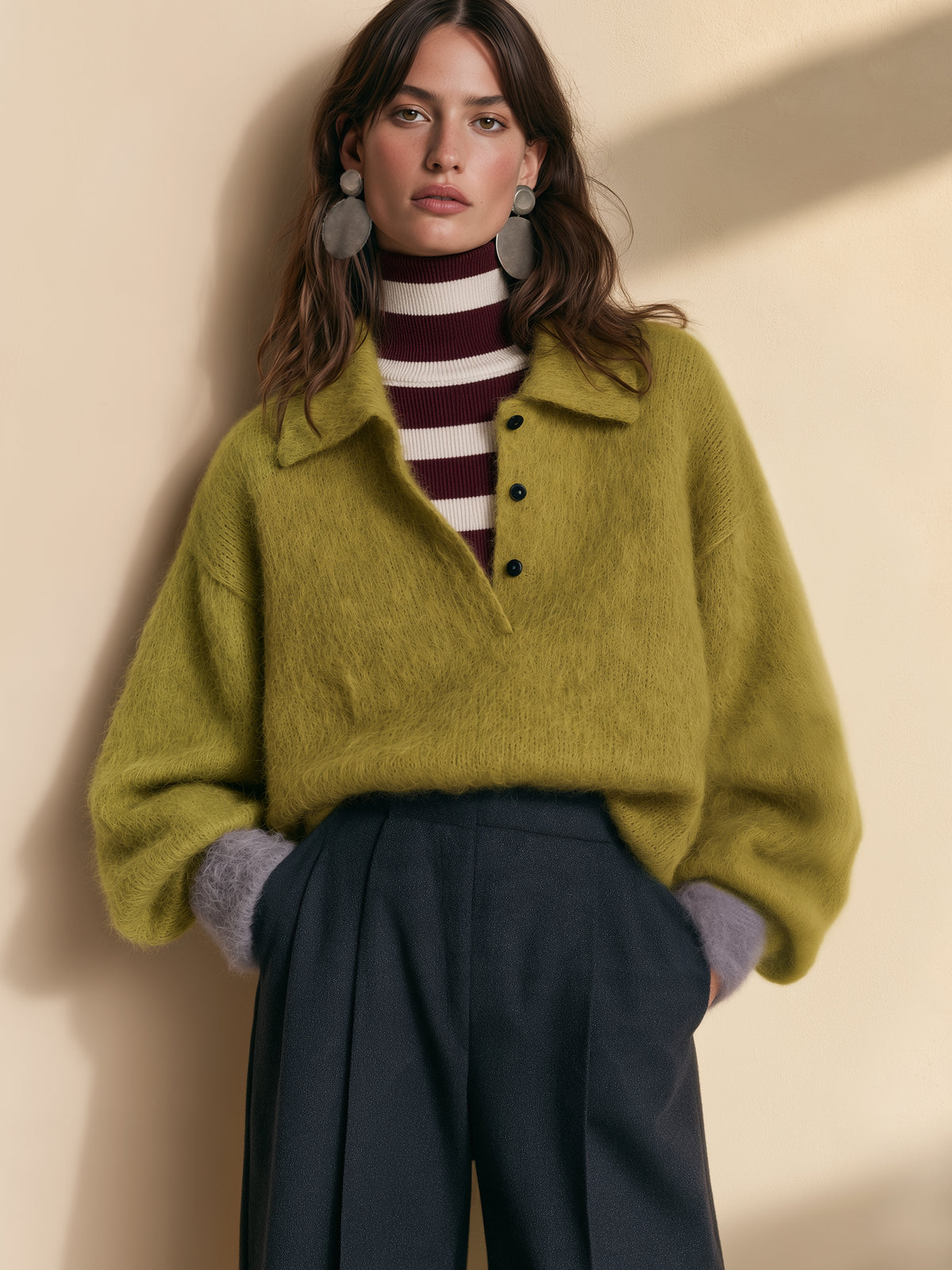 Cress Green Fuzzy Knit Polo Collar Half-Button Placket Sweater