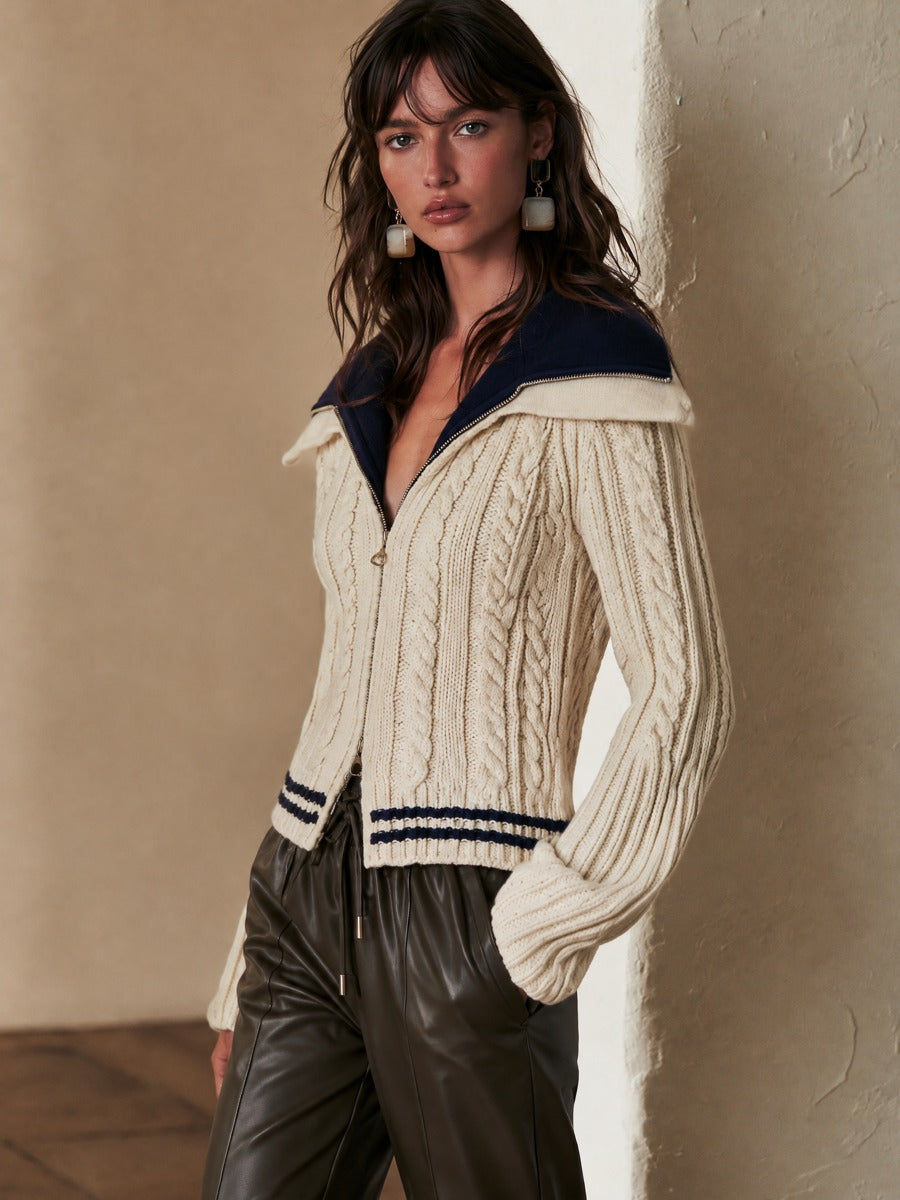 Cream Navy Collar & Striped Hem Cable-Knit Zip Cardigan