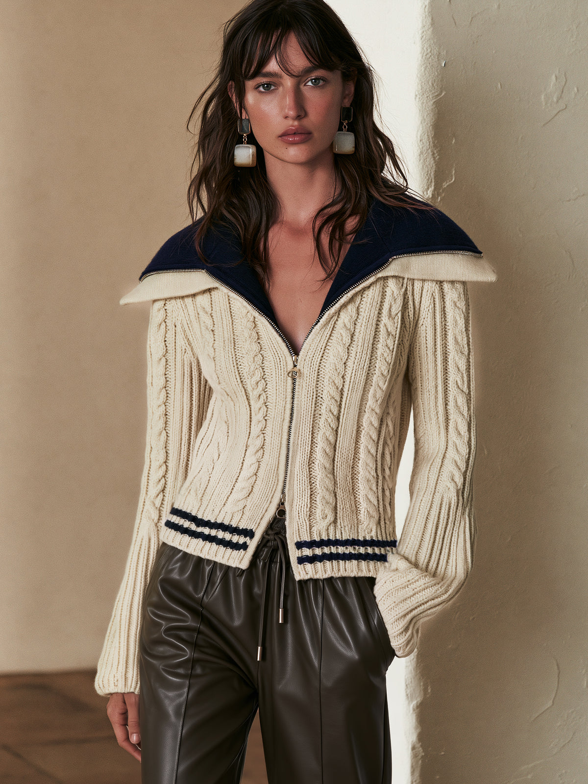 Cream Navy Collar & Striped Hem Cable-Knit Zip Cardigan