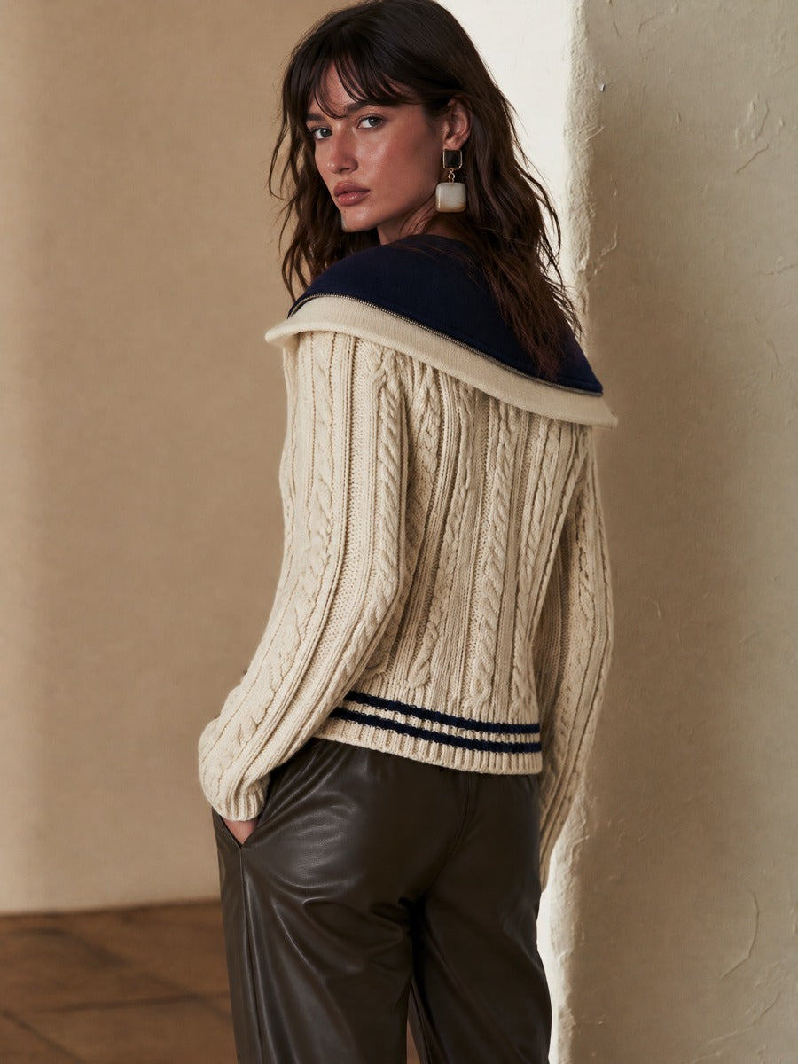 Cream Navy Collar & Striped Hem Cable-Knit Zip Cardigan