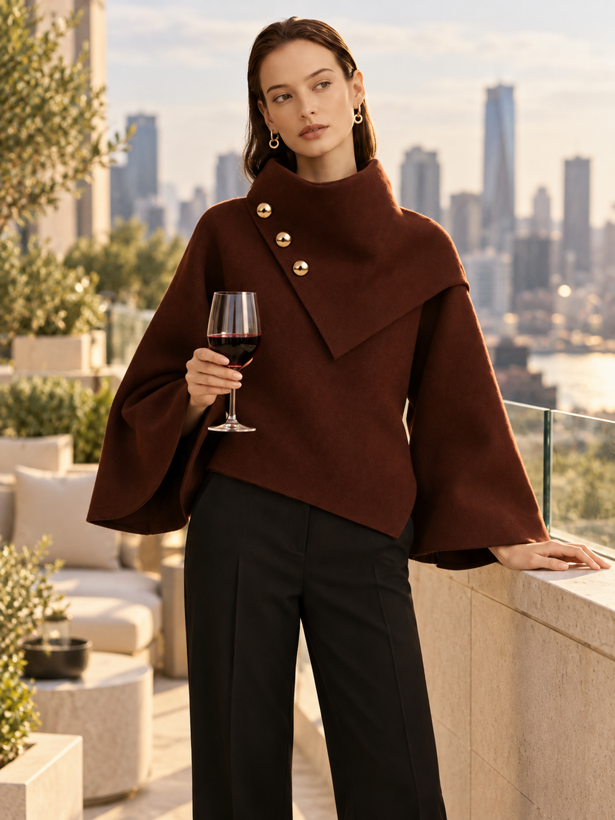 Burgundy Oversized Lapel Bell-Sleeve Wool Jacket