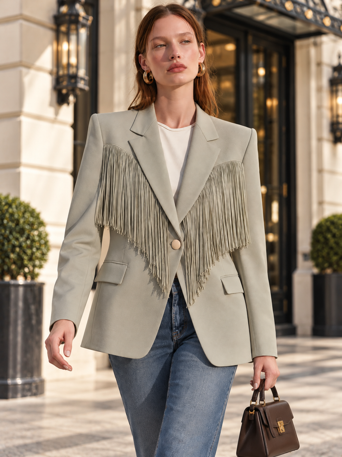 Sage Gray Green Fringe-Trim Blazer