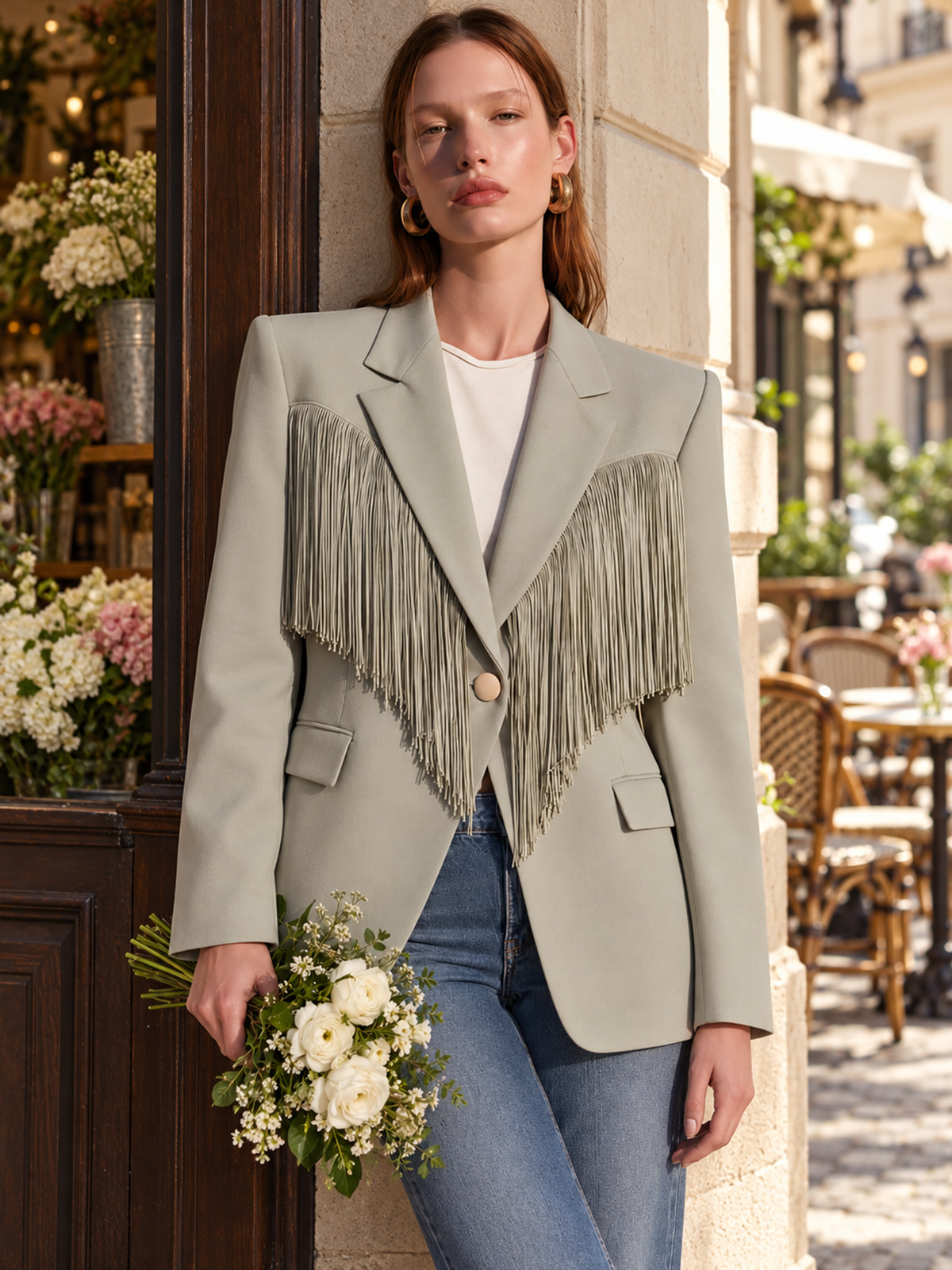 Sage Gray Green Fringe-Trim Blazer