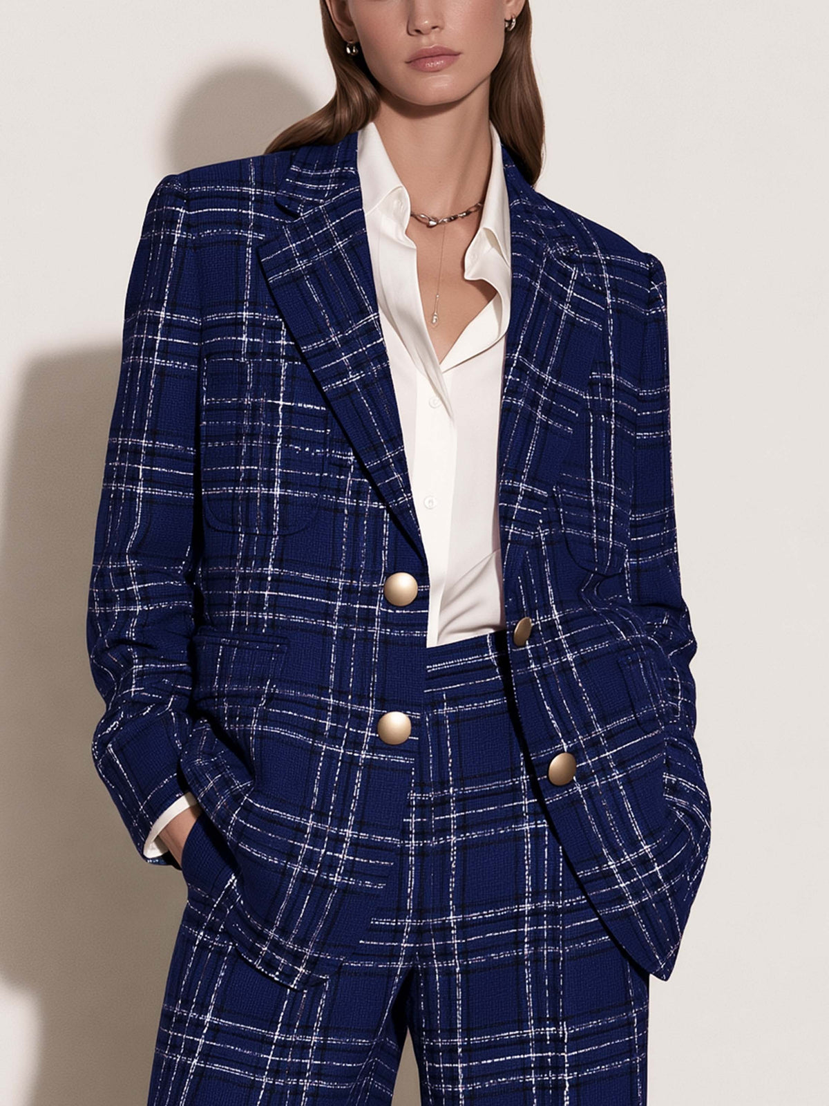 Navy Plaid Tweed Double Breasted Blazer