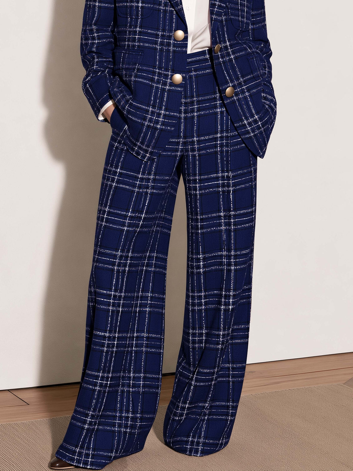 Navy Plaid Tweed Wide Leg Suit Pants
