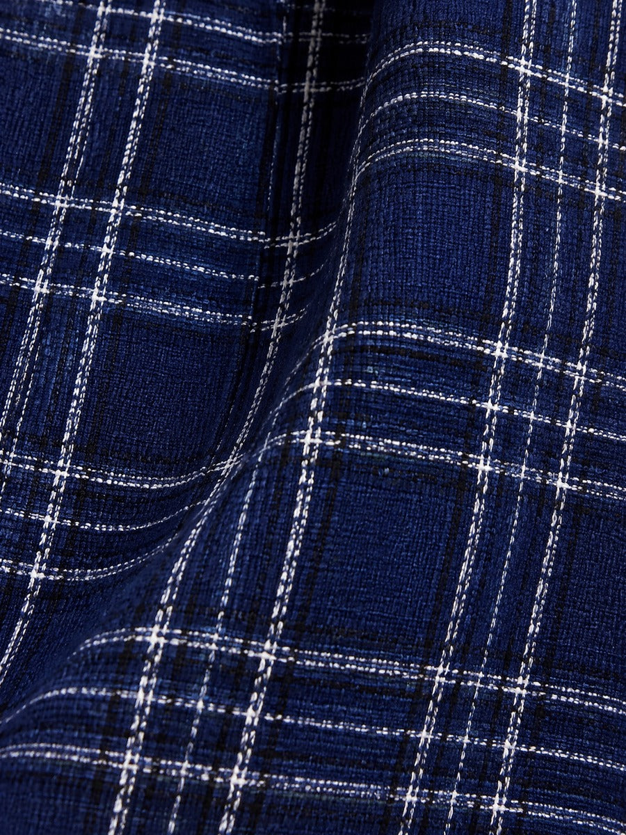 Navy Plaid Tweed Wide Leg Suit Pants