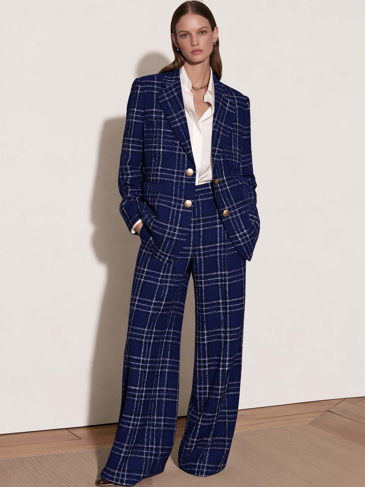 Navy Plaid Tweed Wide Leg Suit Pants