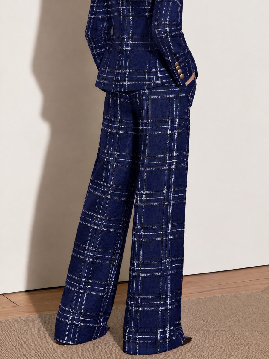 Navy Plaid Tweed Wide Leg Suit Pants