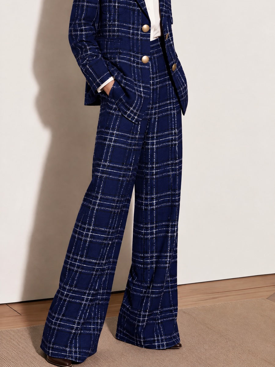 Navy Plaid Tweed Wide Leg Suit Pants