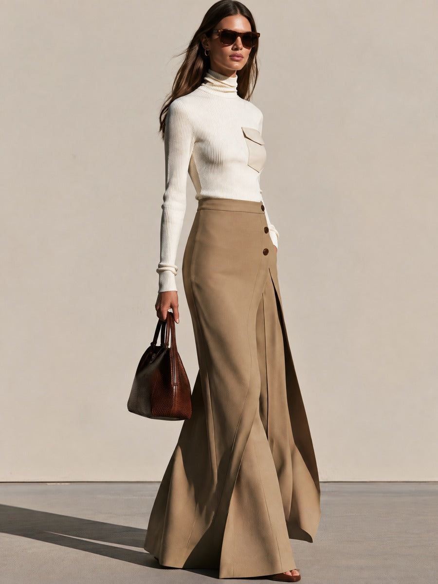 White High Neck Knitwear & Camel Wrap-Front Wide-Leg Pants Set