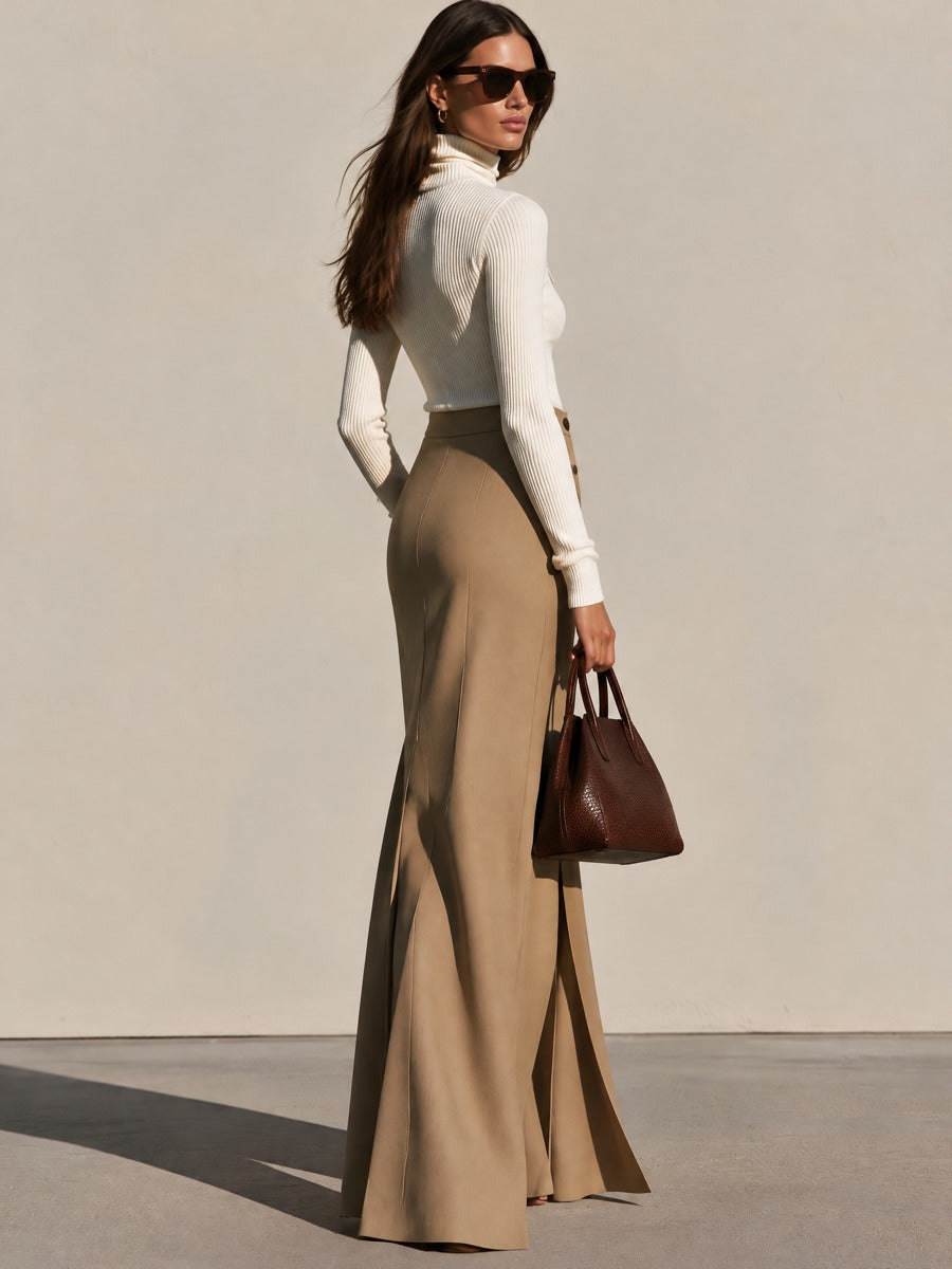 White High Neck Knitwear & Camel Wrap-Front Wide-Leg Pants Set