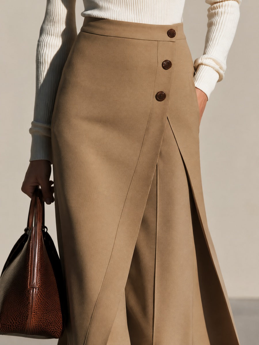 White High Neck Knitwear & Camel Wrap-Front Wide-Leg Pants Set