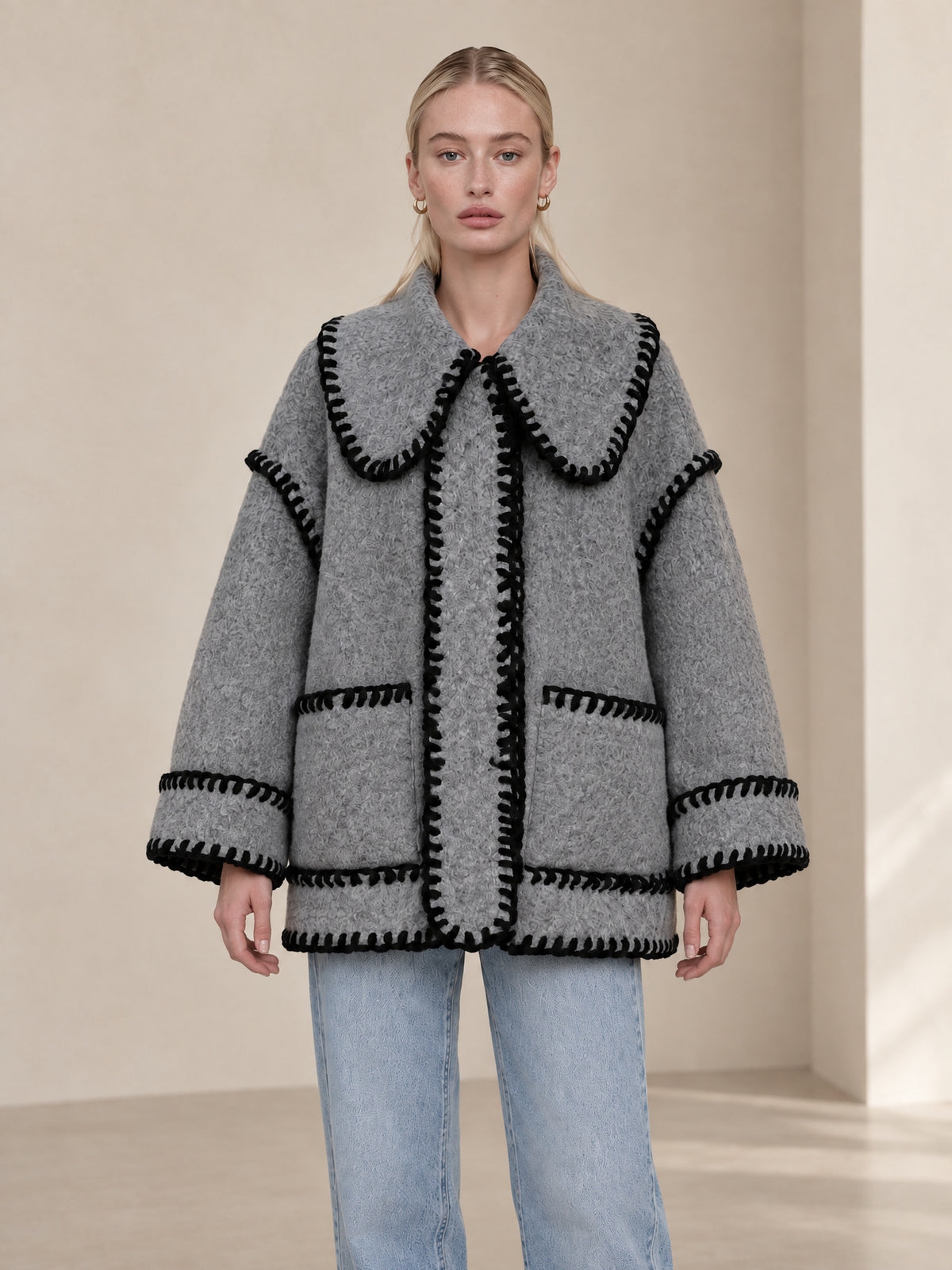 Grey Bouclé Wool-Blend Jacket With Contrast Black Blanket Stitch Trim