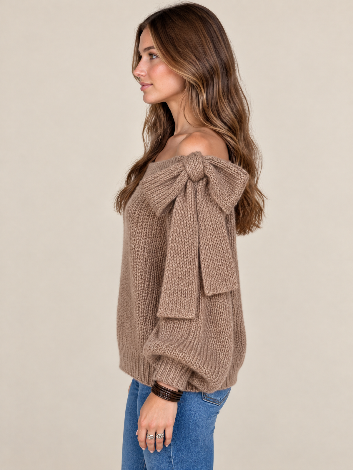 Taupe Chunky Knit Off-Shoulder Sweater With Oversized Bow Shoulder Detail