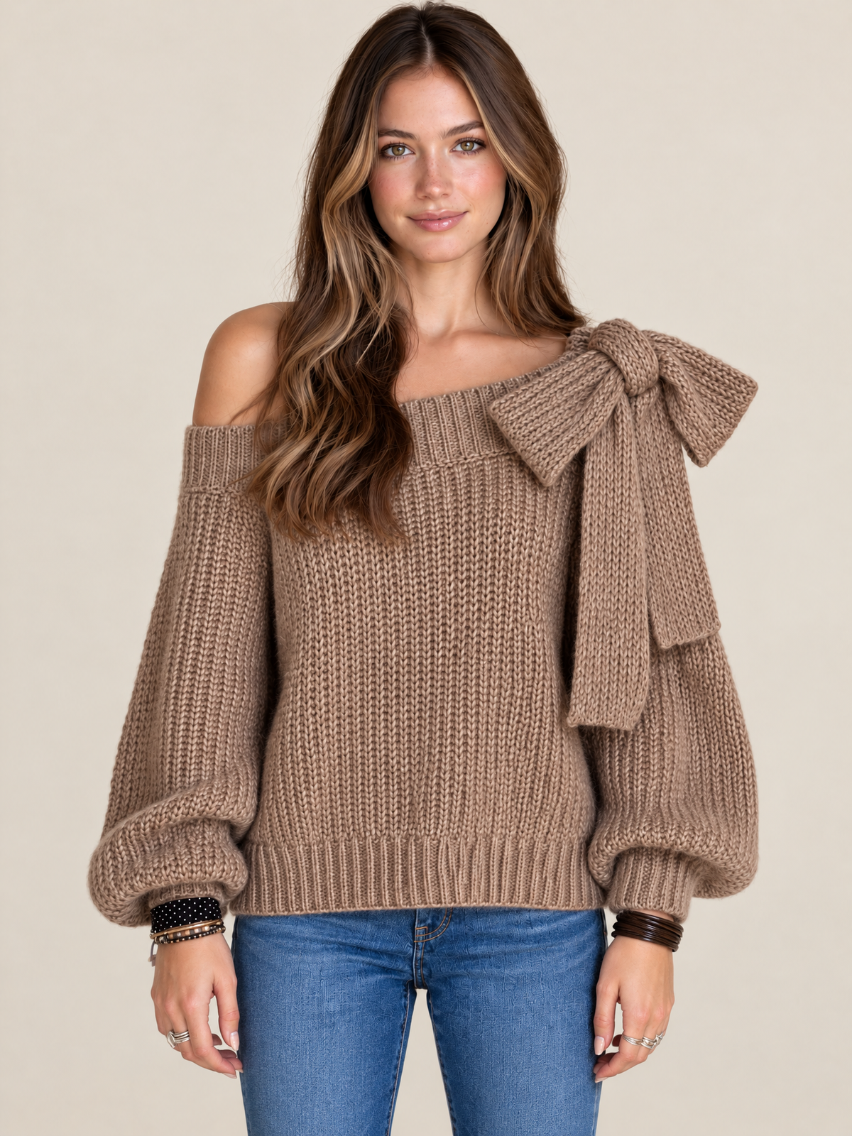 Taupe Chunky Knit Off-Shoulder Sweater With Oversized Bow Shoulder Detail